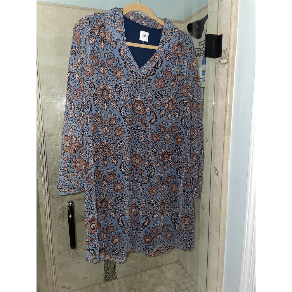 Cabi Pirouette Dress Blue Floral Chiffon Ruffle Hem V-Neck Style 3295 Large